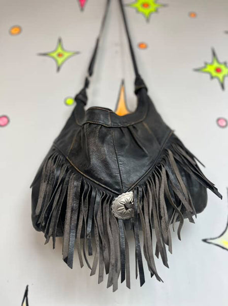 Vintage Black Leather Fringe Crossbody Bag Grunge Rock n Roll Boho Concho Purse