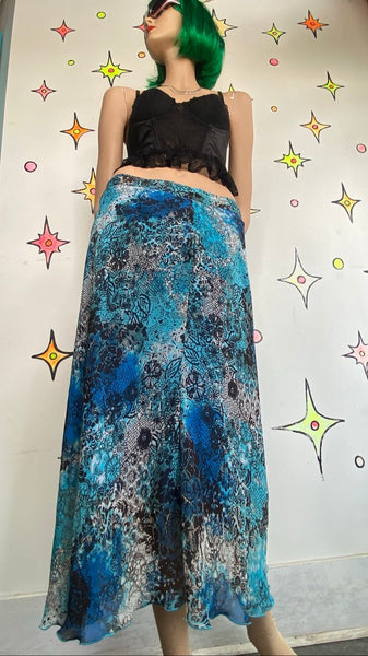 Y2K Blue Lace Tattoo Print Midi Skirt Fairy Grunge Aquamarine Mermaidcore Goth L