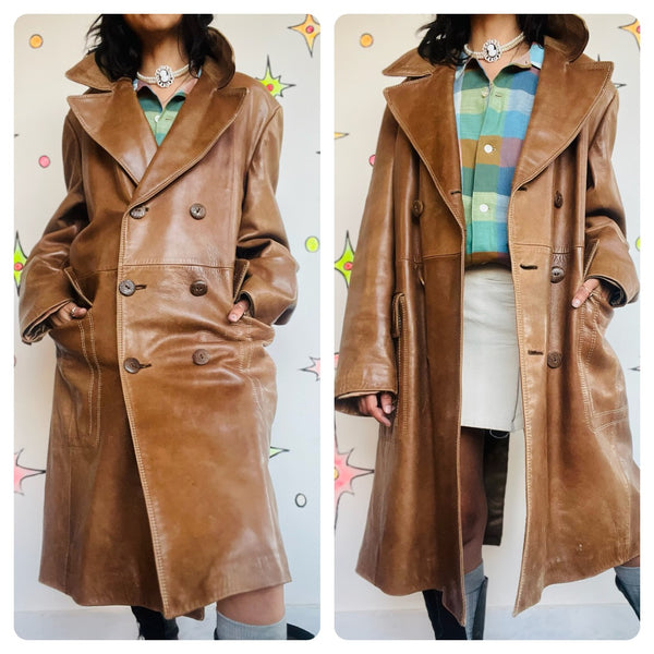 Vintage 70s Brown Leather Coat | Long Trench-Style Jacket | Worn-In Patina ML