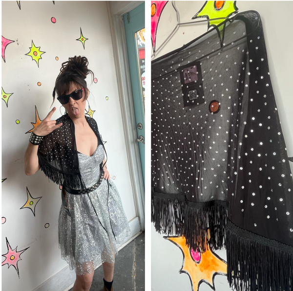 Sheer Black Rhinestone Fringe Capelet Western Gothic Flapper Glam Cover-Up