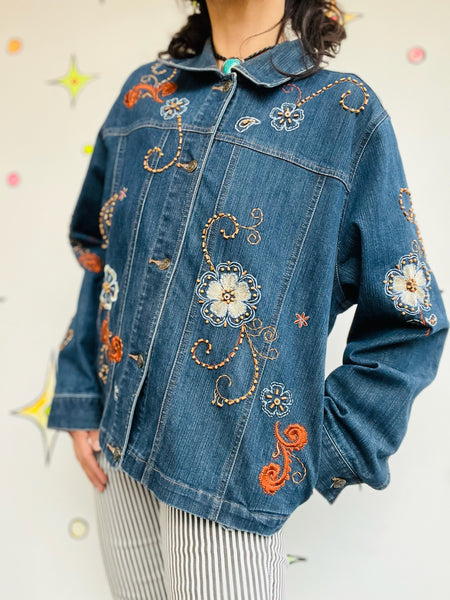 Vintage 90s Y2K Floral Embellished Denim Jacket Boho Fairy Grunge Jean Jacket L