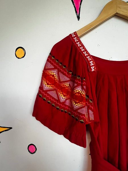 Vintage Mexican Embroidered Dress Red Oaxacan Folk Boho Fiesta Cotton - SM