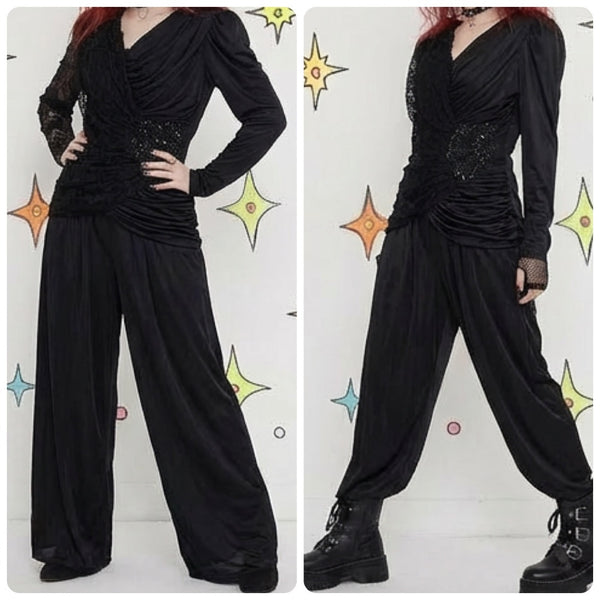 Vintage 80s Black Ruched Lace Jumpsuit | Goth Glam Formal Party Gown – L