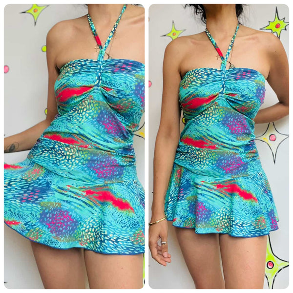 Vintage 90s Y2K Swim Dress – Blue Abstract Rainbow Snake Print One-Piece – 12