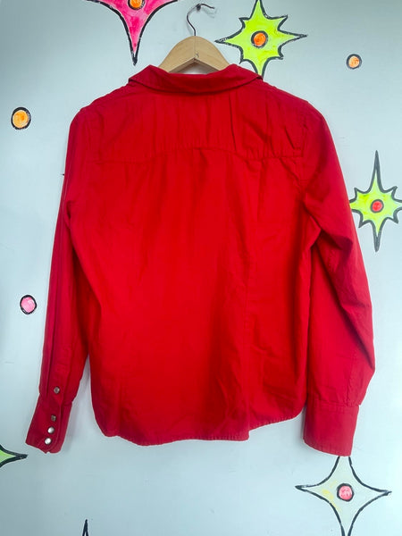 Red Pearl Snap Western Shirt Cowgirl Rodeo Button Up Boho Grunge Cotton Top - L