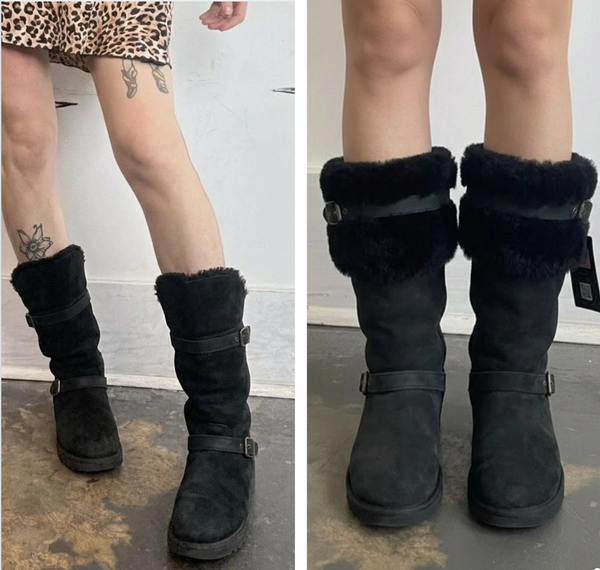 Y2K UGG Australia Sheepskin Genuine Leather Classic Black Winter Boots US 7