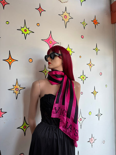 Vintage Y2K Victoria's Secret Hot Pink & Black Striped Silk Scarf Luxe Glam