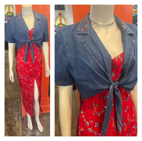 Vintage 90s | Denim and Red Floral Button Down Cotton Grunge Dress | Size M 8