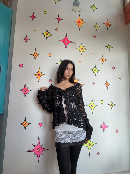 Black Crochet Cardigan Boho Whimsy Goth Fairy Festival Layering Sweater Large