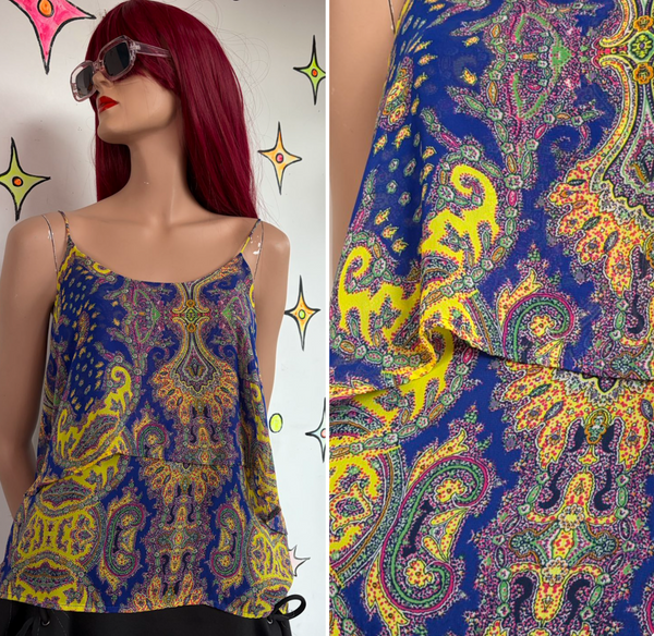 Vintage Y2K Pure Silk Paisley Tiered Cami Boho Fairy Grunge Blouse L