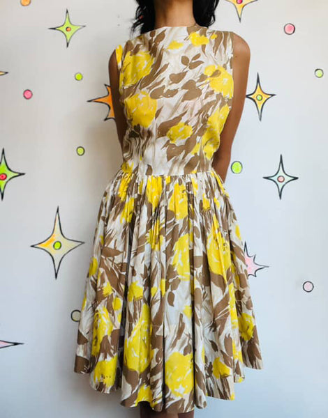 Vintage 1950s Yellow Rose Print Fit & Flare Dress Full Skirt Fairy Grunge | 5/6