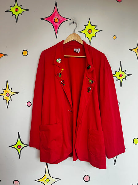 Vintage 80s Cherry Red Christmas Holiday Party Blazer - Glam Bedazzled - XL+