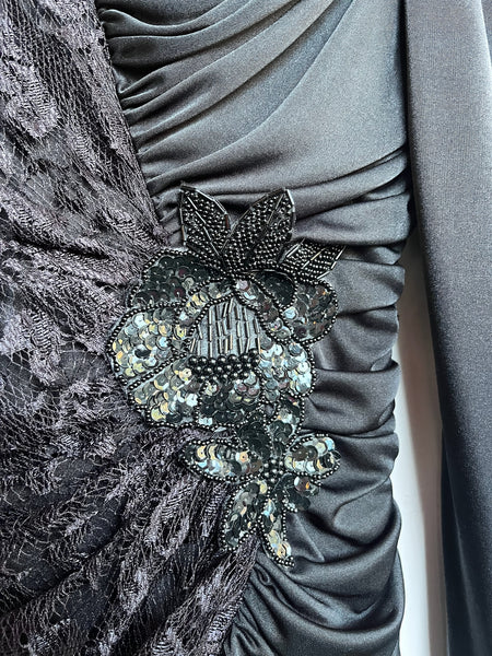 Vintage 80s Black Ruched Lace Jumpsuit | Goth Glam Formal Party Gown – L