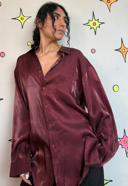 Vintage Burgundy Iridescent Party Shirt 90s Satin Lounge Button Up Men's XL