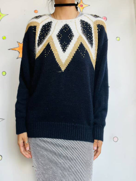 Vintage 80s Black Angora Sweater Fuzzy Angora Beaded Pullover - Dana Scott - L