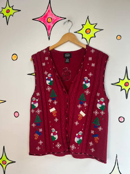 Vintage 90s Red Christmas Vest | Snowman Sweater Vest | Ugly Xmas Party – Size M