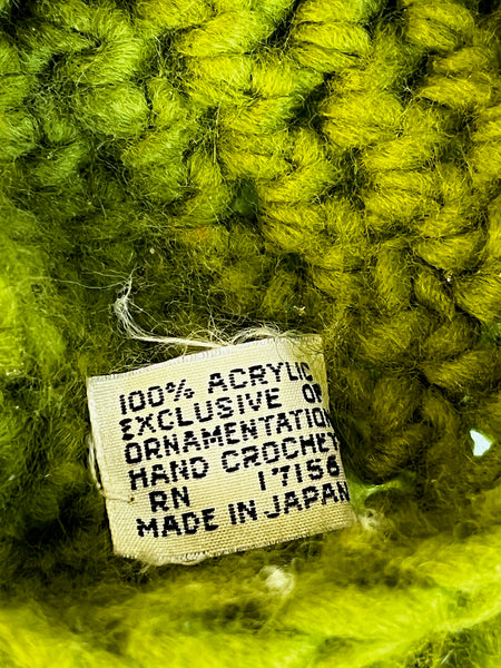 Vintage 1960s Green Shaggy Crochet Sequin Hat | Made in Japan | Wearable Art