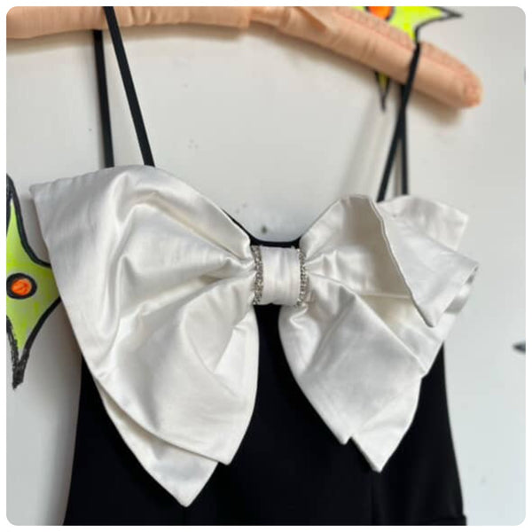 Vintage 90s Y2K | Black and White Big Bow Glam Mini Slip Party Dress | Size 7/8