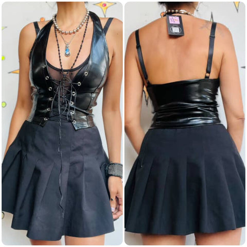 Mall Goth Wet Look Vegan Leather Corset Bustier - Fairy Grunge Lace-Up Top - S