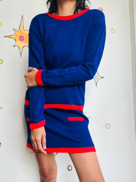 Vintage 60s MOD Space Age Navy Blue Mini Dress w/ Red Stripe – Medium / Large