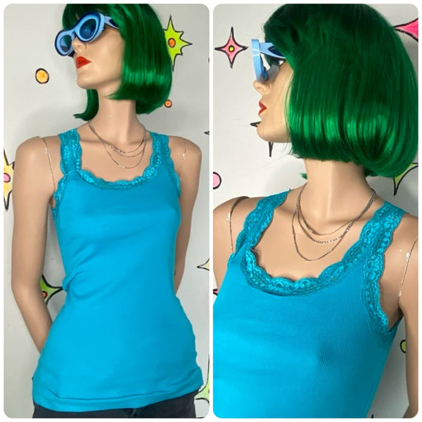 Vintage Y2K Teal Lace Trim Fairy Grunge Cami Faded Glory Layering Tank Top - S