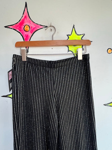 Vtg. Stretch Glam Metallic Black Silver Pinstripe Rave Disco Bellbottom Flares L