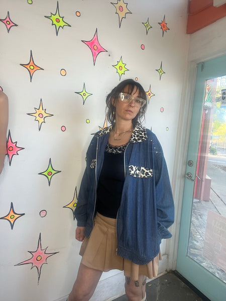 80s Denim Jacket with Leopard Trim | Boho Grunge Studded Jean Jacket – L