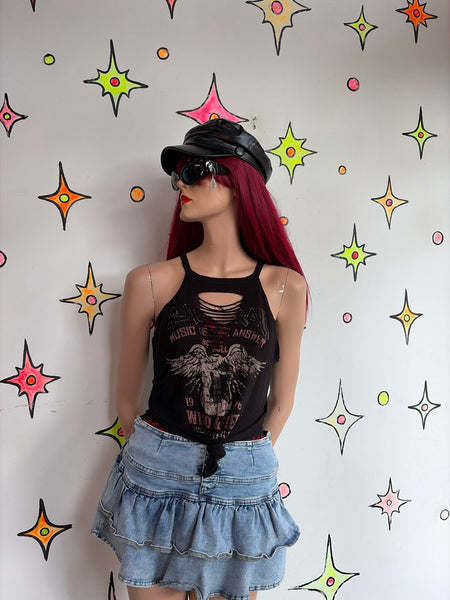 Y2K Black Thrashed Grunge Goth Metal Tattoo Print Tee Tank Top S/M