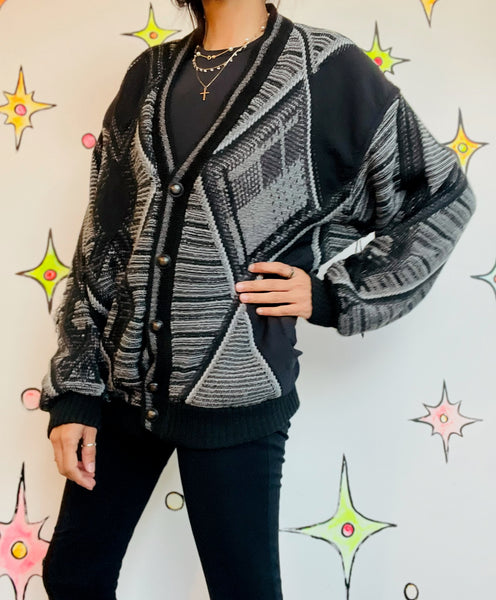 Vintage 90s Y2K Coogi-Style Boho Grunge Cardigan Sweater – Gray & Black - S