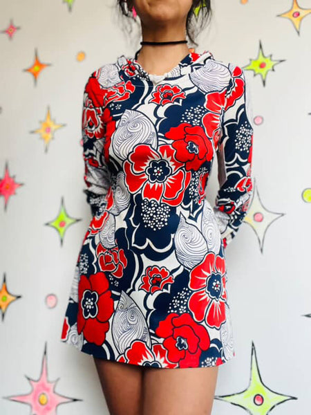 Vintage 60s Navy Red White Psychedelic Print Micro Mini Dress Mod Space Age - XS