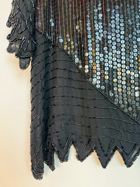 Vintage 80s 90s Black Whimsy Goth Glam Party Silk Sequin Blouse – Beaded – M