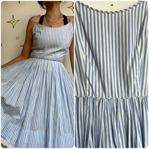 Vintage 1950s | Pastel Blue Striped Fit and Flare Cotton Day Dress | S M