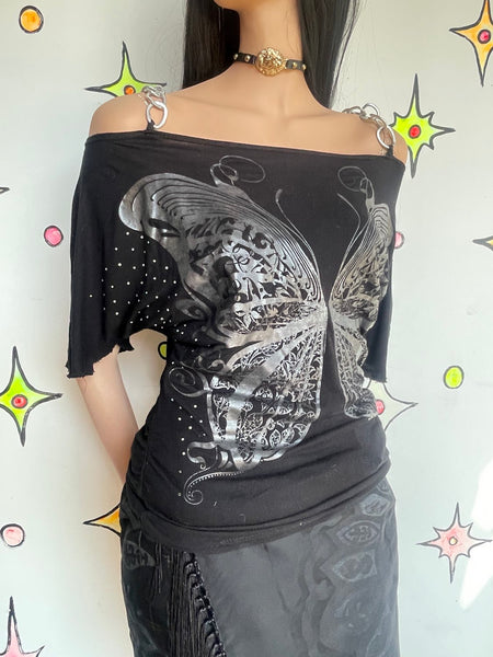 Y2K Black Chain Off Shoulder Butterfly Tattoo Top Cyber Grunge Whimsy Goth M