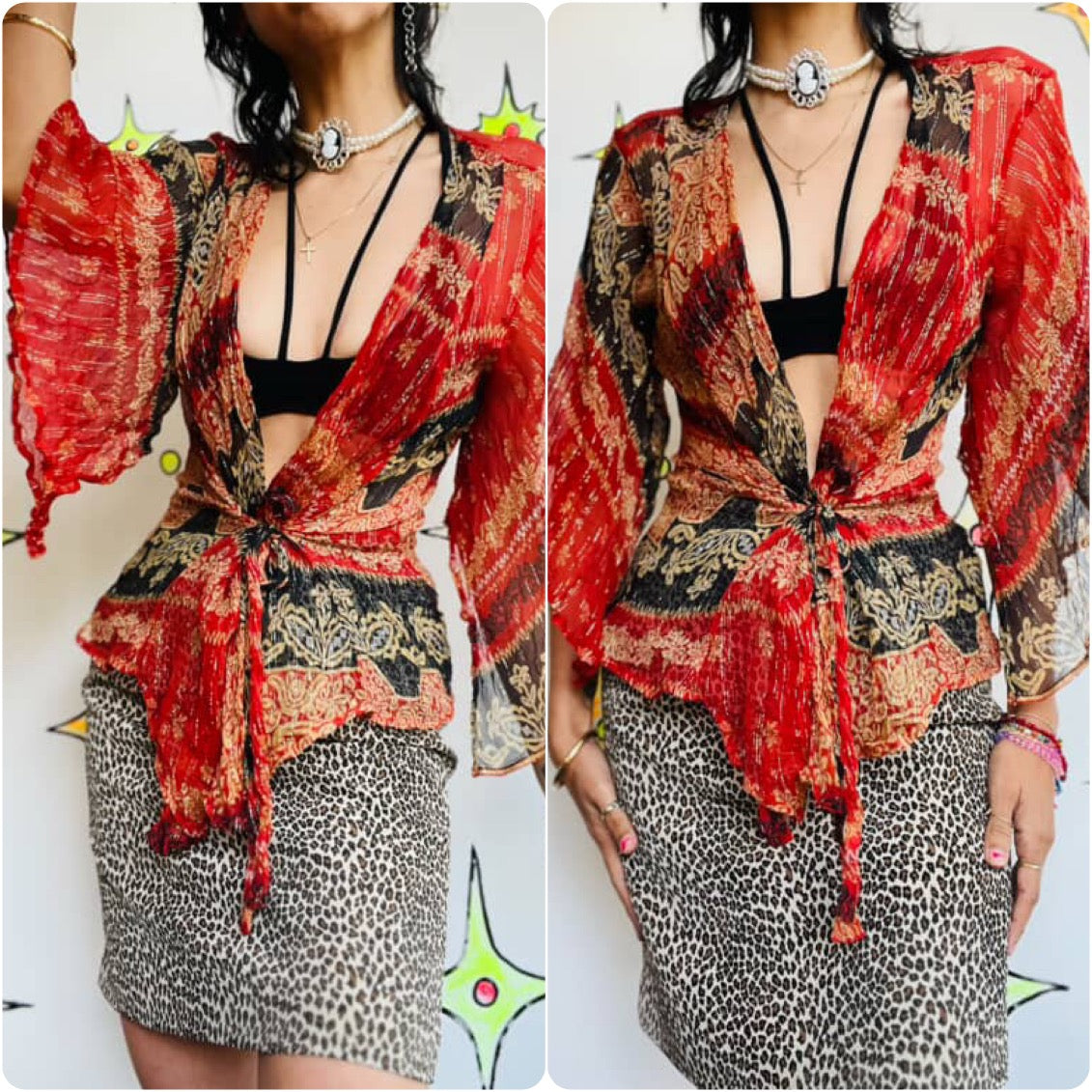 Vintage 90s Y2K Red Sheer Boho Goth Wrap Top - Pirate Gypsy Fairy Grunge - XL