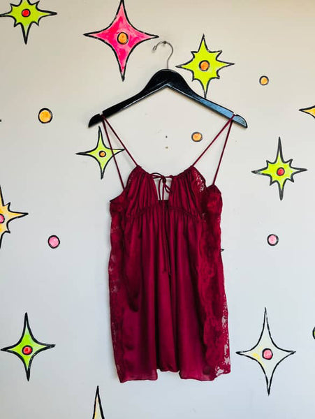 Vintage 70s Burgundy Lace Fairy Grunge Boho Grunge Mini Lingerie Slip Dress M