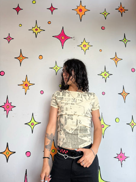 Hot Topic Star Print Tee Y2K Mall Goth Grunge Distressed Baby Tee XS