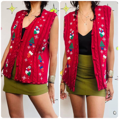 Vintage 90s Red Christmas Vest | Snowman Sweater Vest | Ugly Xmas Party – Size M