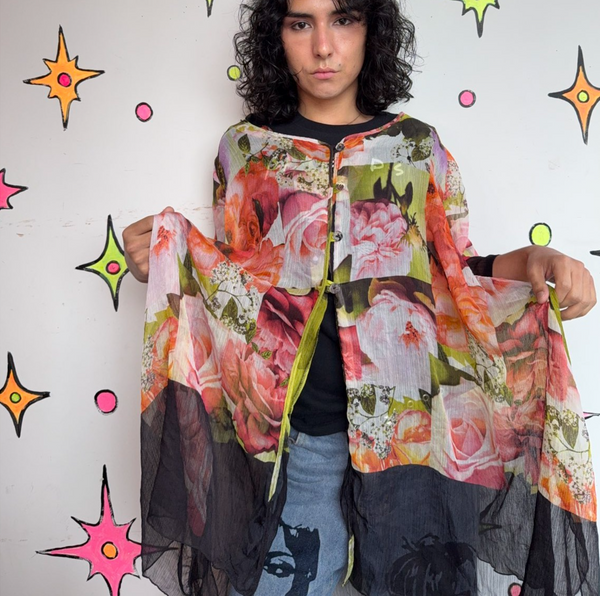 Y2K Floral Collage Print Duster Sheer Boho Kimono Romantic Fairy Grunge - OS