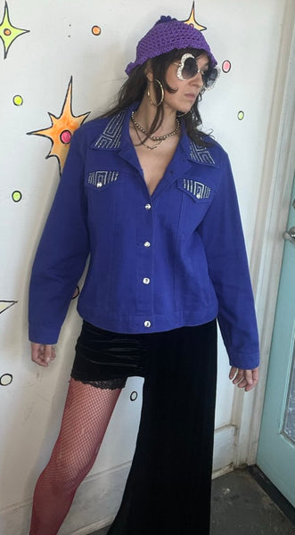 Purple Bling Denim Jacket Y2K Rhinestone Embellished Jean Jacket Maximalist L