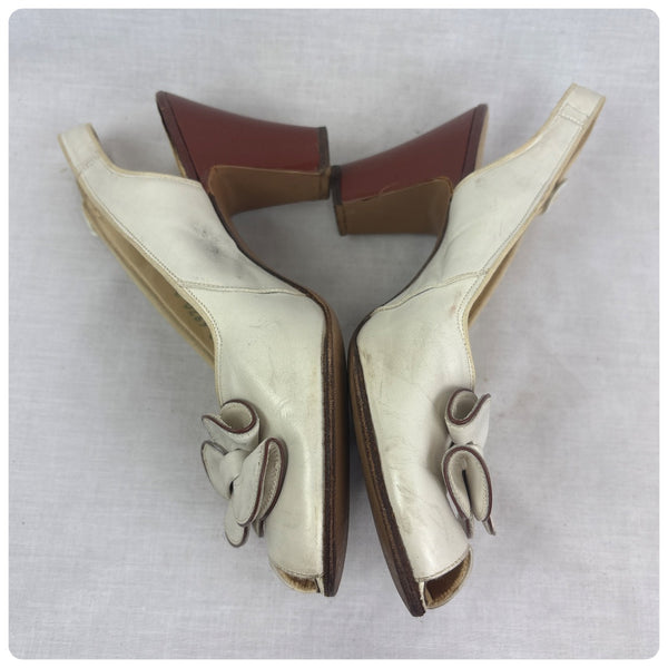 Vintage 1940s White Leather Peep Toe Slingback Heels – Pin-Up Cha Cha Style – 6