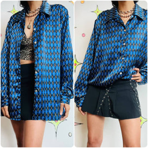 90s Y2K Harlequin Clowncore Blue & Black Long Sleeve Blouse – Size L (16W)