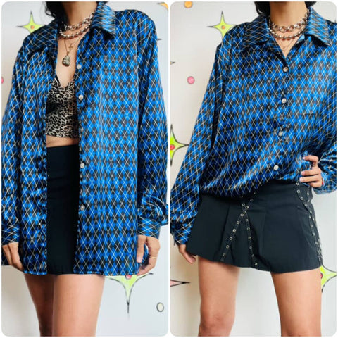90s Y2K Harlequin Clowncore Blue & Black Long Sleeve Blouse – Size L (16W)