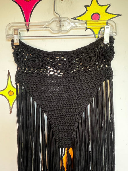 Black Crochet Fringe Shorts Y2K Festival Boho Rave Goth Maximalist Hot Pants S