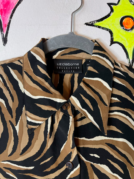 90s Liz Claiborne Silk Animal Print Tiger Stripe Long Sleeve Glam Blouse - Small