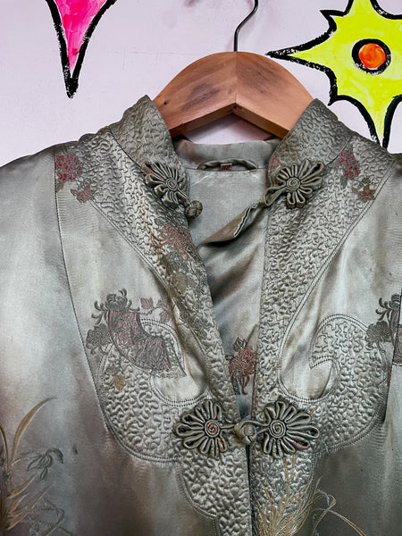 Jade Green Silk Robe Geisha Kimono | Vintage Lounge Boudoir Robe Size S - M