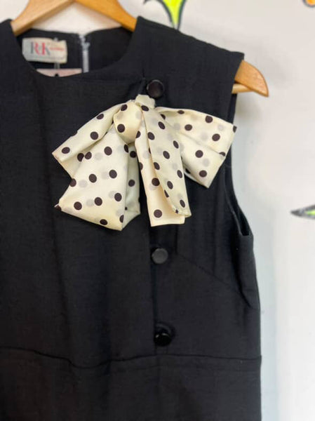 Vintage 60s 70s Black & White Mod GoGo Mini Dress Polka Dot Pussy Bow M