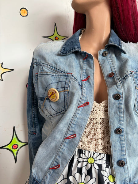 Vintage Y2K Ecko Denim Jacket Lightwash Distressed Embroidered Cyber Grunge M