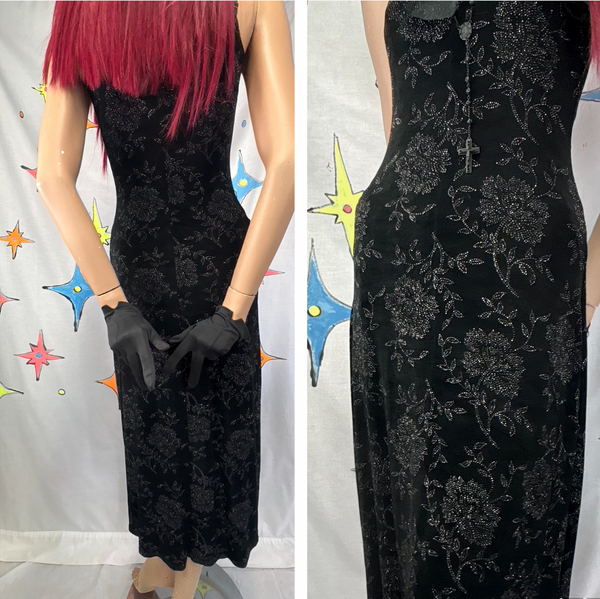 Vintage 90s Whimsigoth Glitter Dress Black Sparkle Goth Fairy Maxi Dress - S