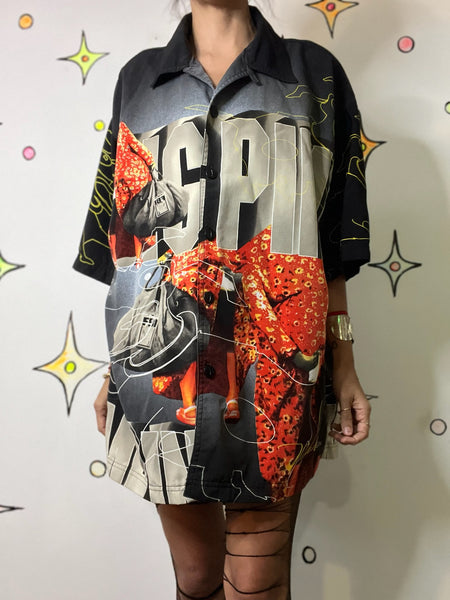 Vintage Urban Collage Print Button Up Street Style Graffiti Art Party Shirt XL