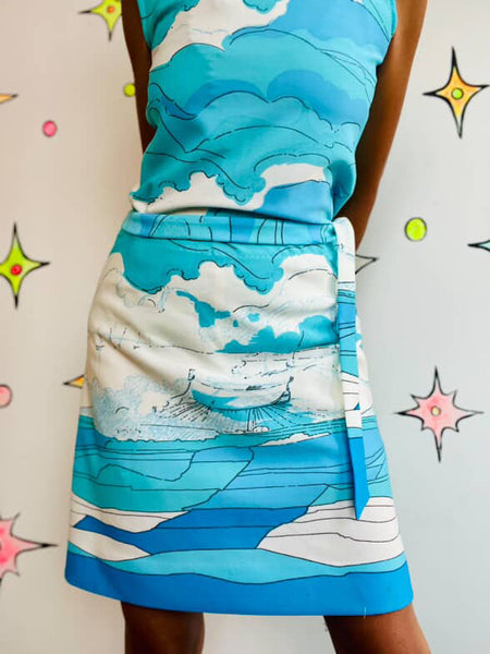 Vintage Groovy 60s 70s Nautical Sailor Art Print 2 Piece Mod Mini Dress Set S M